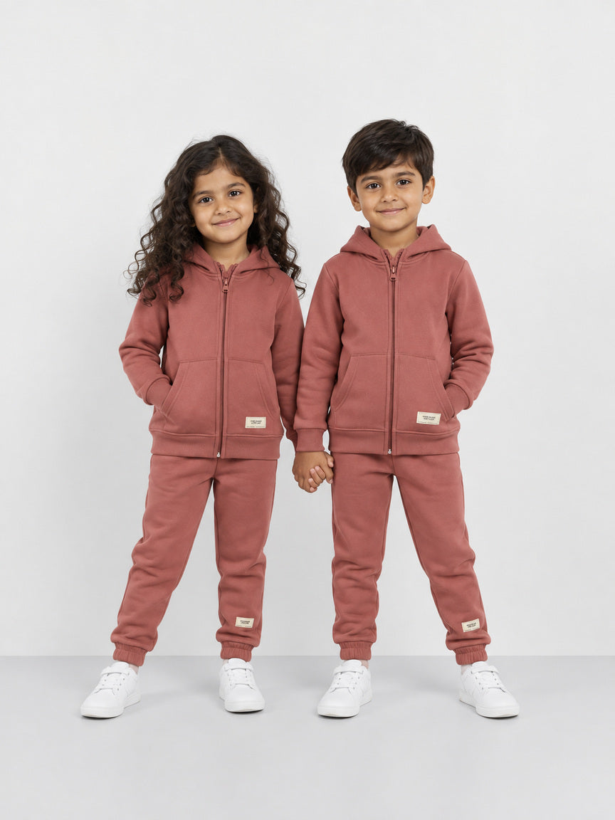 Dusty Rose Zipper Hoodie Fleece Tracksuit for Boys & Girls