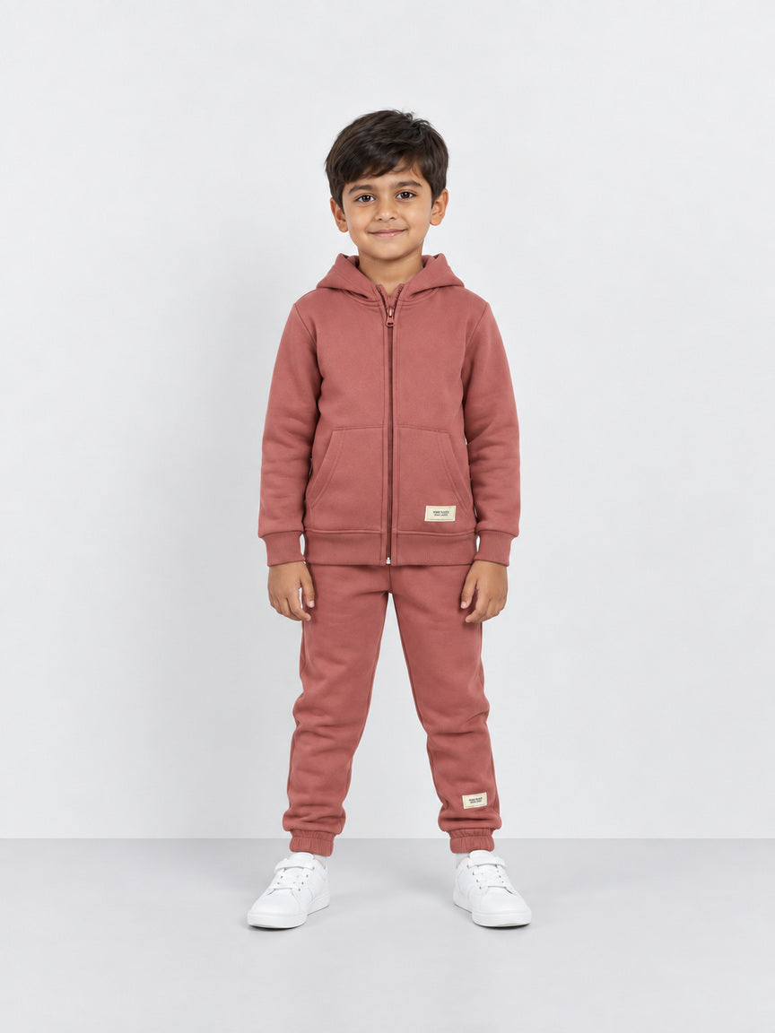 Dusty Rose Zipper Hoodie Fleece Tracksuit for Boys & Girls