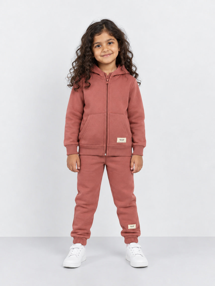 Dusty Rose Zipper Hoodie Fleece Tracksuit for Boys & Girls