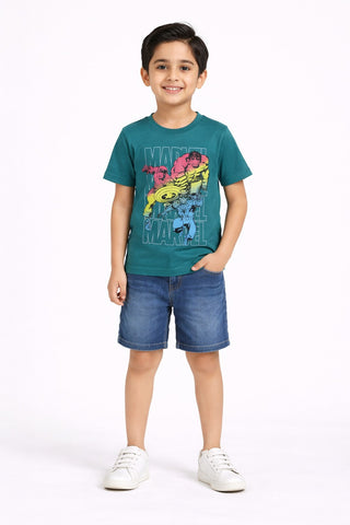 Teal Comic Graphic T-Shirt with Jeans Shorts