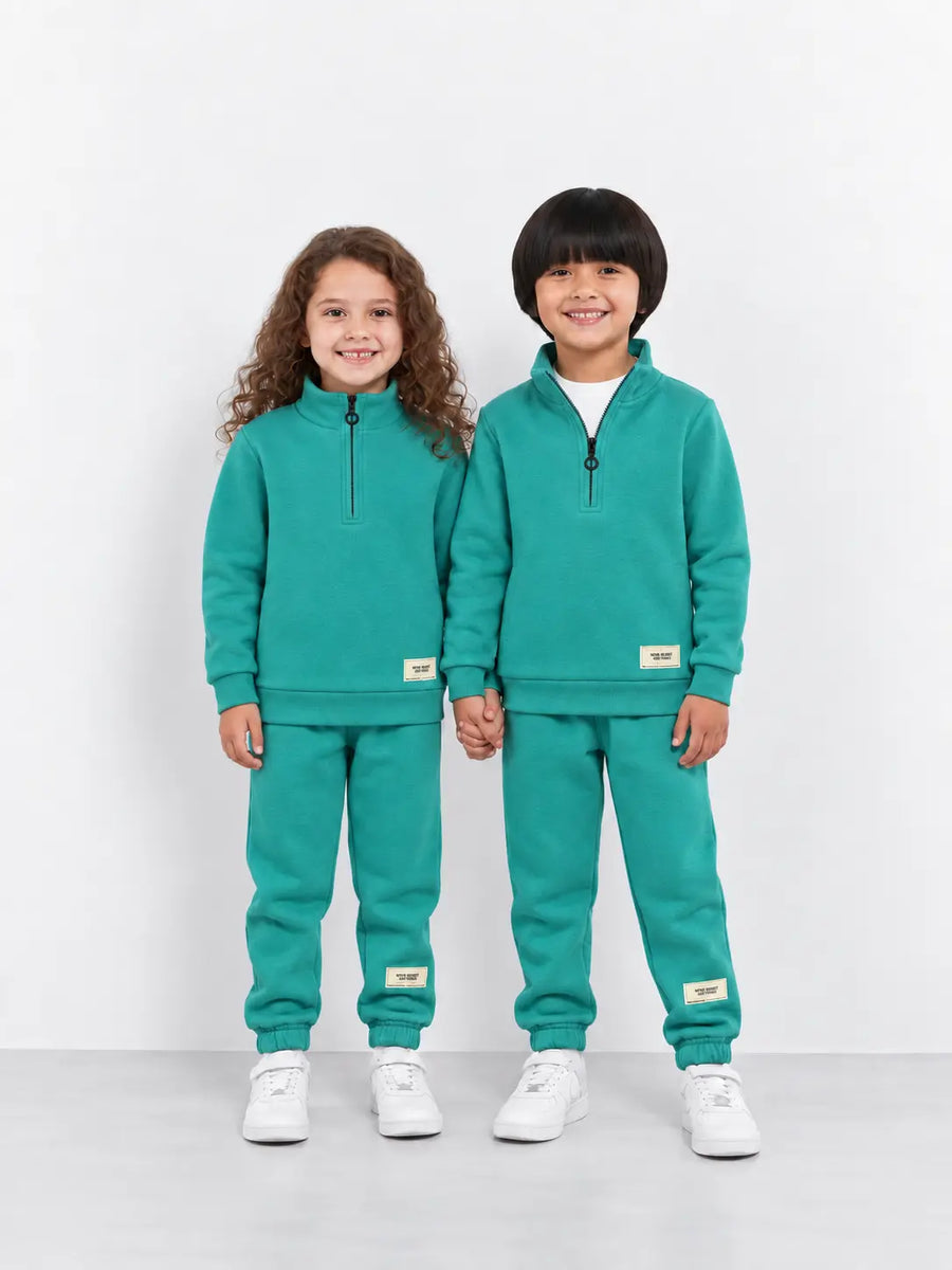 Dusty Teal Quarter-Zip Kids Fleece Tracksuit