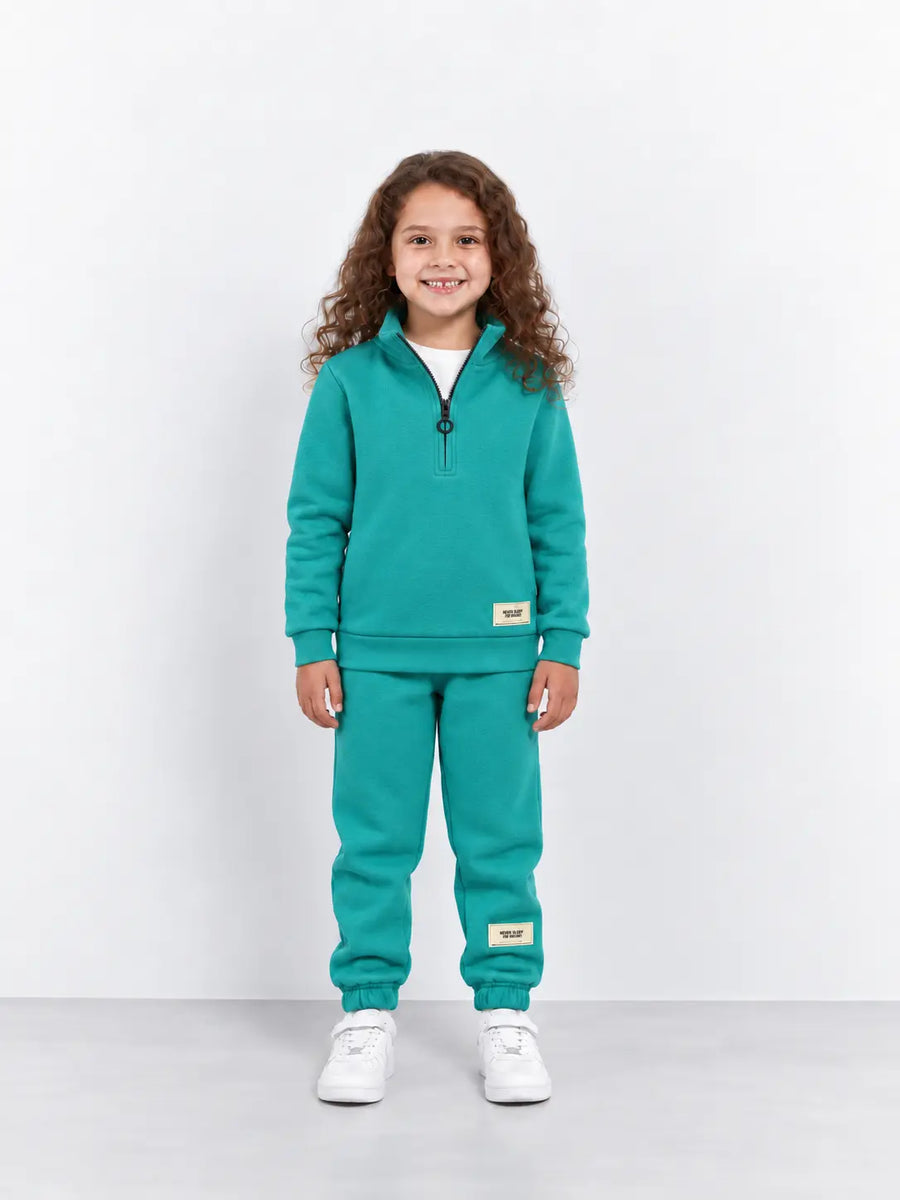 Dusty Teal Quarter-Zip Kids Fleece Tracksuit
