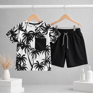 Black Palm Print Kids Co-ord Set | Shirt + Shorts
