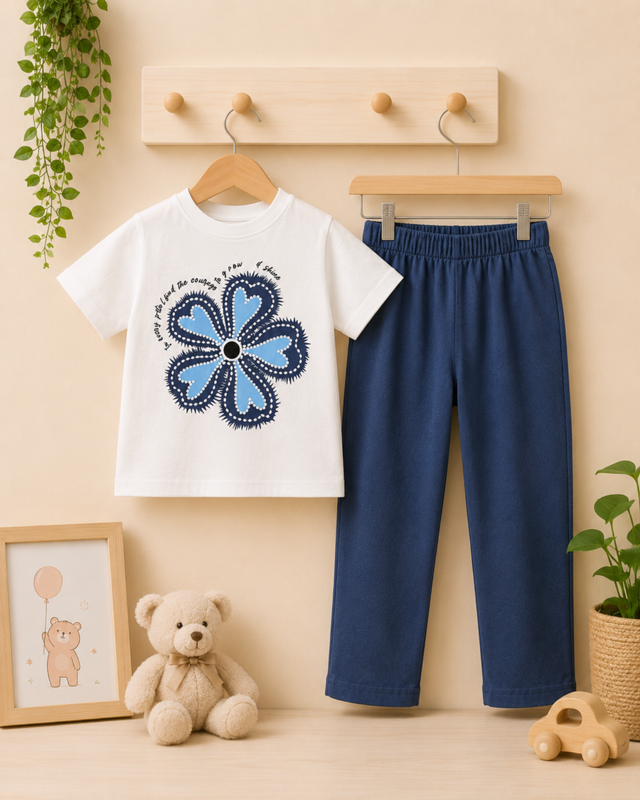Blue Flower Outfit | T-Shirt + Pant Set