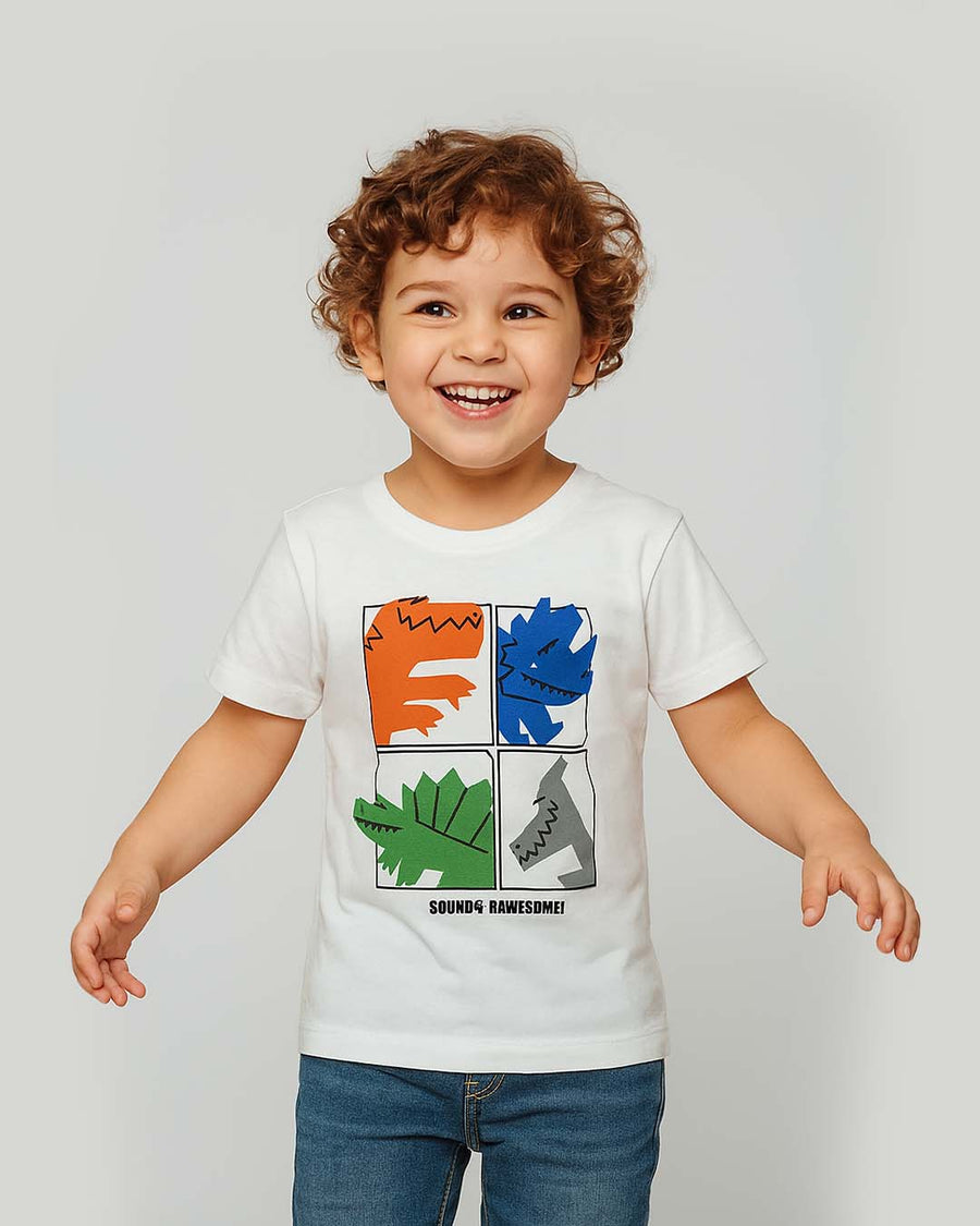 Dino Kid's Printed White T-shirt