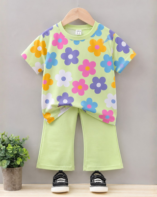 Green Floral Girls Outfit | Shirt + Pants Set