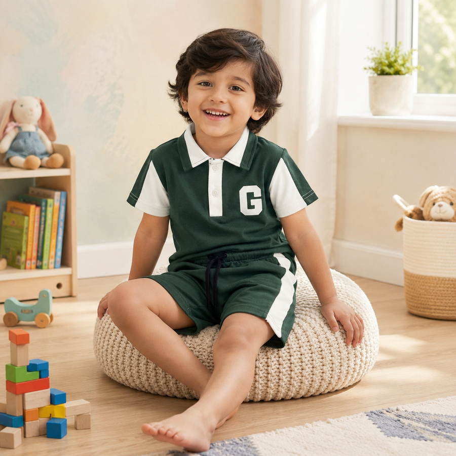 Green Polo Kids Co-ord Set | Shirt + Shorts