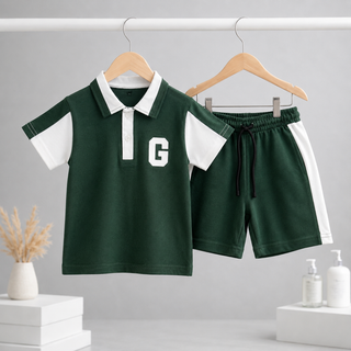 Green Polo Kids Co-ord Set | Shirt + Shorts