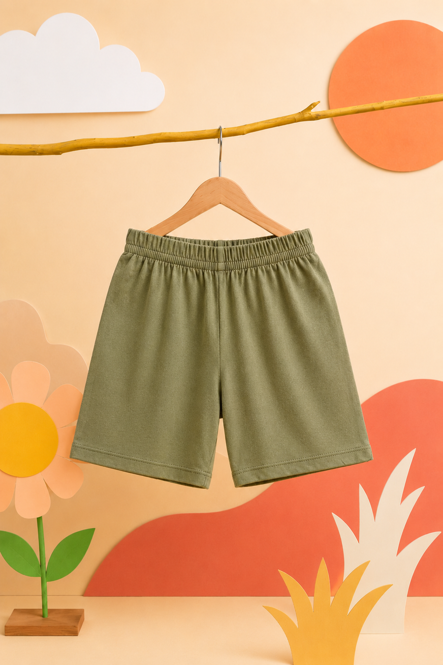 Kids Unisex Solid Olive Summer Shorts