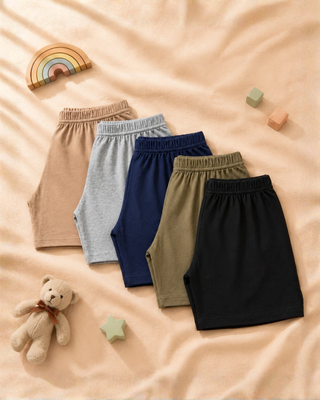 Kids Unisex Solid Shorts Pack of 5 | Multi-Colour Set