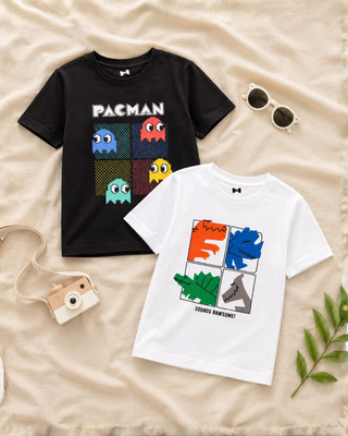 Pac-Man & Dinosaur Graphic T-Shirts Pack of 2 | Kids Summer Tees