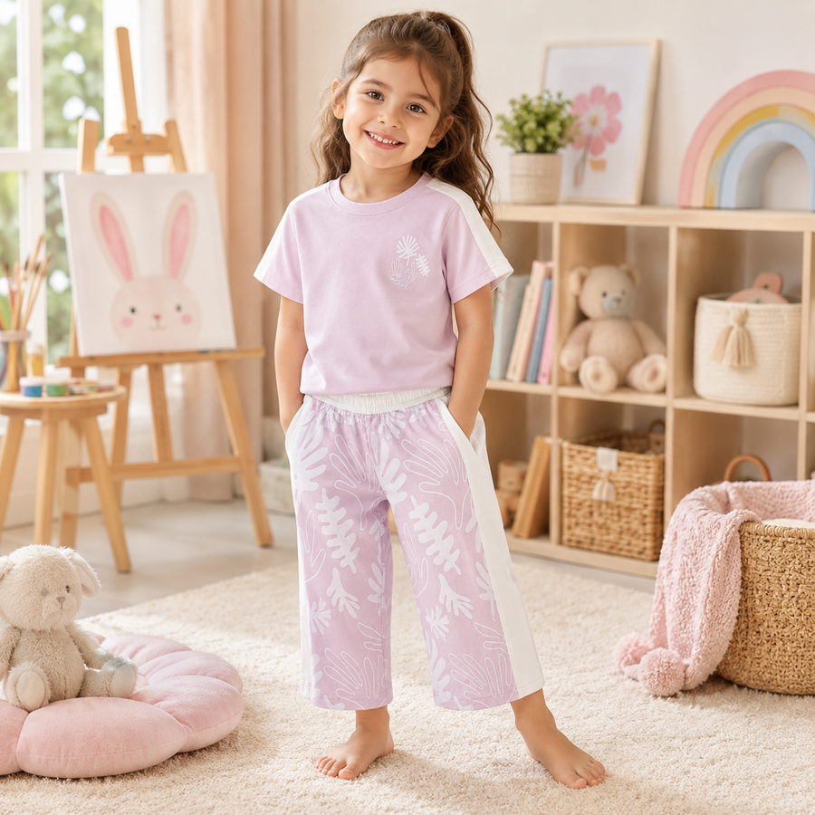 Pink Leaf Print Kids Outfit | Shirt + Pants Set