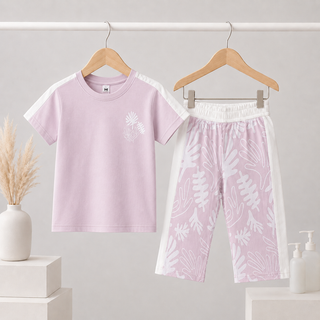 Pink Leaf Print Kids Outfit | Shirt + Pants Set